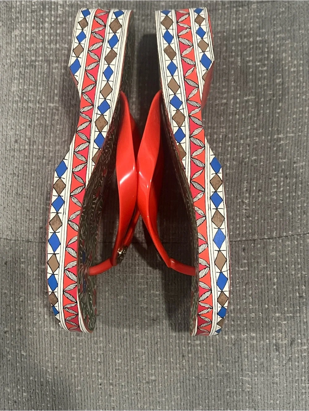 Tory Burch Red Strap Tropical Print Flip Flops